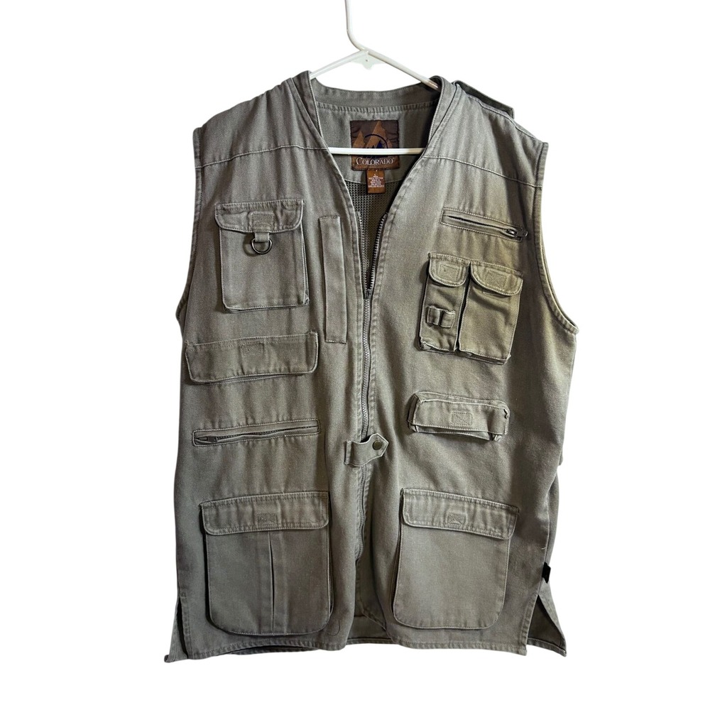 Colorado Utility Cargo Vest L Green Multi Pocket Canvas Fishing Mens
